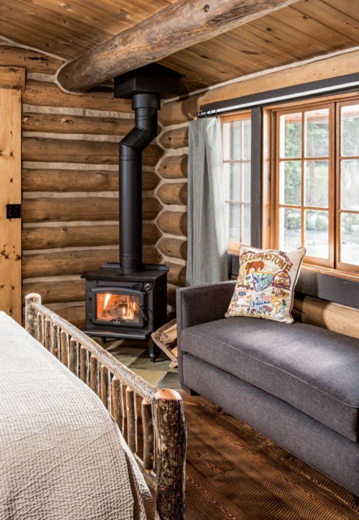 white modern log cabin interior